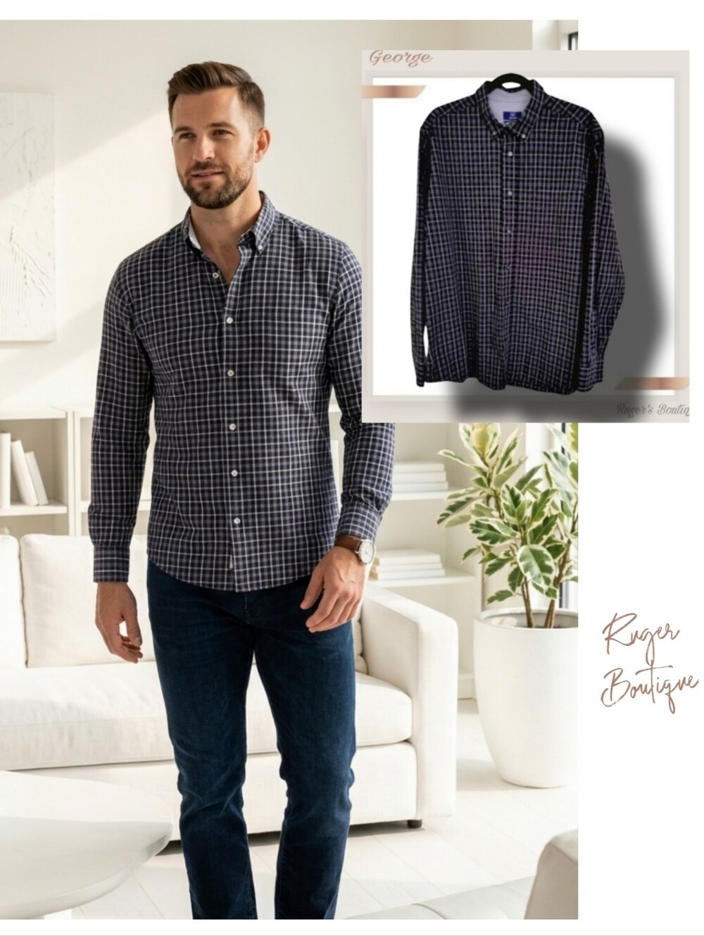🌿George Classic Fit Men's XL Black & Gray Button Down Shirt